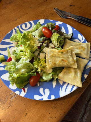 angebratene maultaschen mit einem bunten, gr&uuml;nen blatsalat auf eiunem blaugemustereten teller auf einem holztisch