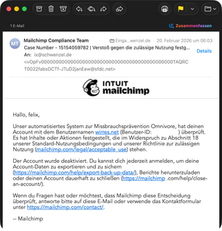 screenshot einer mail, die ich von mailchimp erhalten habe. betreff: &bdquo;Versto&szlig; gegen die zul&auml;ssige Nutzung festgestellt&ldquo;
