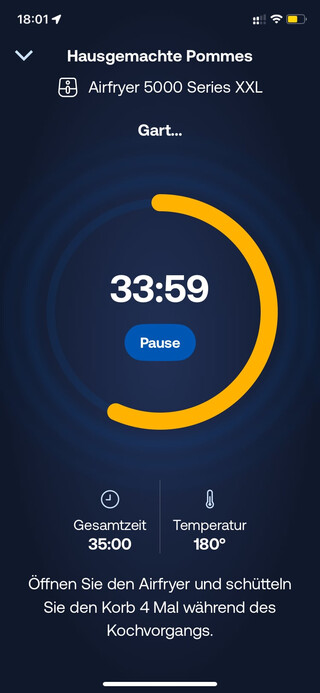 screenshot der app des airfryers, man kann vorgefertigte programme ferngesteuert abrifen, hier: &bdquo;hausgemachte pommes, 34 minuten&ldquo;