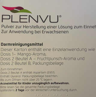 foto des darmreinungsmittels, das ich zur vorbereitung meiner darmspiegelung bekommen habe. bemerkenswert: mango- und fruchtpunsch-aroma