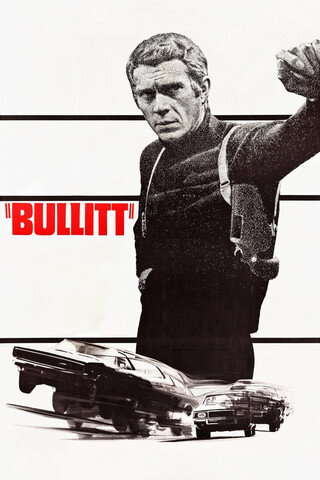 filmplakat des film &bdquo;bullit&ldquo; von 1968. man sieht steve mcqueen ohne strickjacke, aber mit pistolenhalfter, wie er sich an den rand des posters lehnt. aus  seinem hosenschlitz scheint ein auto geflogen zu kommen.