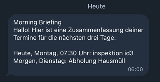 screenshot aus telegram.app mit einem von home assistant gneerierte &bdquo;morning briefing&ldquo; mit zwei ereignissen aus unseren kalendern.