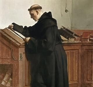 gem&auml;lde von ferdinand pauwels miot dem titel: &bdquo;luther entdeckt die bibel&ldquo;. aber eigentlich scheint luther vor einer bibel zu stehen und sie auszumessen