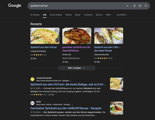 screenshot einer google suchergebnisseite nach „spitzkohl airfryer“, die mein rezept in der ersten reihe anzeigt. das originalrezeot habe ich vom WDR, zwei etagen tiefer auf der suchergebnisseite.