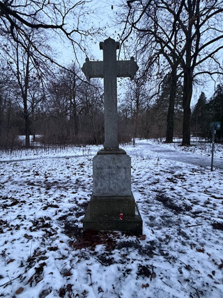kreuz in den rehbergen in der n&auml;he vom pl&ouml;tzensee. es herrscht grau-bew&ouml;lkt und sehr trauriges wetter.