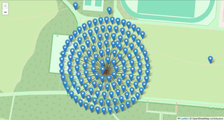 screenshot des aufgef&auml;cherten clusters mit 140 pins auf der catcher-wiese in den rehbergen. die pins bilden eine ziemlich grosse spirale.