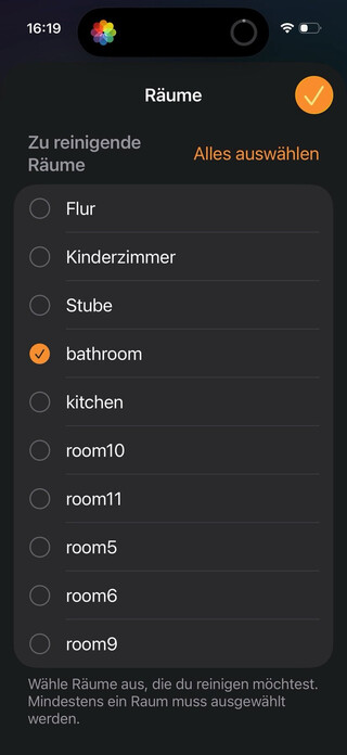 screenshot aus der home.app, der die matter staubsauger-bereiche, die man zur reinigung ausw&auml;hlen kann, zeigt