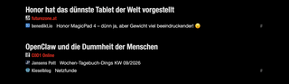 zwei &uuml;berschriften die auf rivva standen: &bdquo;Honor hat das dunnste Tablet der Welt vorgestellt&ldquo; und &bdquo;OpenClaw und die Dummheit der Menschen&ldquo;