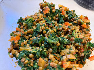 &bdquo;echtes&ldquo; foto vom linsen-spinat-salat den ich mir heute ghemacht habe. sieht nicht besonders lecker aus, ist aber lecker.