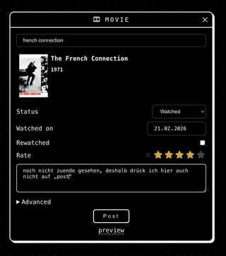 screenshot des micropub-client sparkles beim anlegen eines eintrags zu french conection. weil ich den noch nicht zuende gesehen habe, dr&uuml;cke ich den &bdquo;post&ldquo; knopf noch nicht