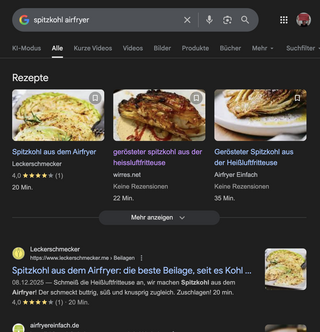 screenshot eines serp für „spitzkohl airfryer“ mit meienm spitzkohlrezept im oberen rezept „karussel“