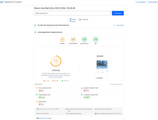 screenshot des page speed test f&uuml;r wirres.net. beim mobile ergebnis sind nur &bdquo;best practices&ldquo; und &bdquo;SEO&ldquo; 100%. leistung und barrierefreiheit sind unter 80%.