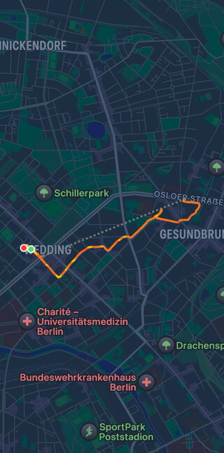 screenshot der apple watch trainingsaufzeichnung vom morgenspaziergang heute (von der seestrasse &uuml;ber die exerzierstrasse zur drontheimer strasse)