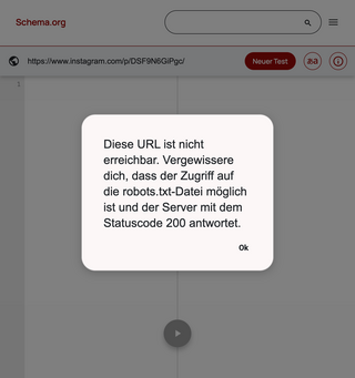 screenshot vom schema.org valdator, hier meldet schema.org dass es auf einer instagramseite keine daten findet