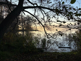 bild vom sonnenaufgang am summter see. &uuml;ber dem see liegt leichter nebel.