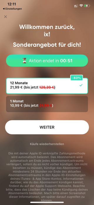 screenshot der better me app, die mich unter zeitdruck dazu bringen will ein abo-&bdquo;sonderangebot&ldquo; abzuschliessen