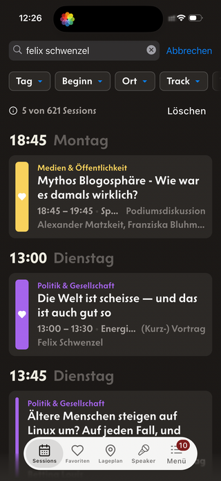 screenshot der #rp26-app mit einer suche nach „felix schwenzel“