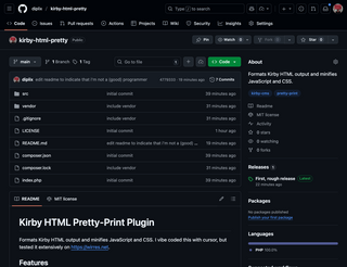 screenshot der github seite für den kirby-html-pretty Public plugin