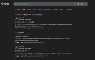 screenshot einer google suche nach &bdquo;site:wirres.net pluribus&ldquo;