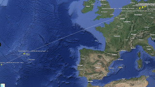 screenshot einer kartenprojektion verschiedener erdgeschichtlicher ereignisse. man sieht europa und den atlantik, die entstehung der erten einzeller liegt bei den azoren, 1000 km entfernt schon die entstehung der erde. (die abst&auml;nde sind wegen der kartenprojektion etwas verzerrt)