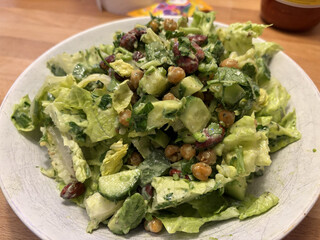gr&uuml;ner salat nach nisha, serviert mit dressing