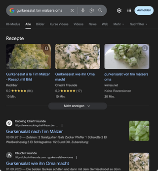 screenshot einer suche nach &bdquo;gurkensalat tim m&auml;lzers oma&ldquo;. &bdquo;mein&ldquo; rezept steht oben im karussel.
