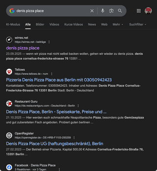 screenshot der seite 3 oder 4 der google suche nach &bdquo;denis pizza place&ldquo;. da steht meine rezension.