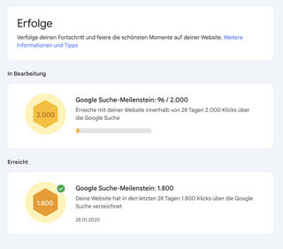 screenshot der &bdquo;erfolge&ldquo; in der google webmaster cnsole. meine erfolge sind aktuell sind offensichtlich minimal.
