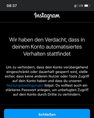 screenshot aus der instagram app, die mich davor warnt, dass ich automatisiertes verhalten stattfinden lasse